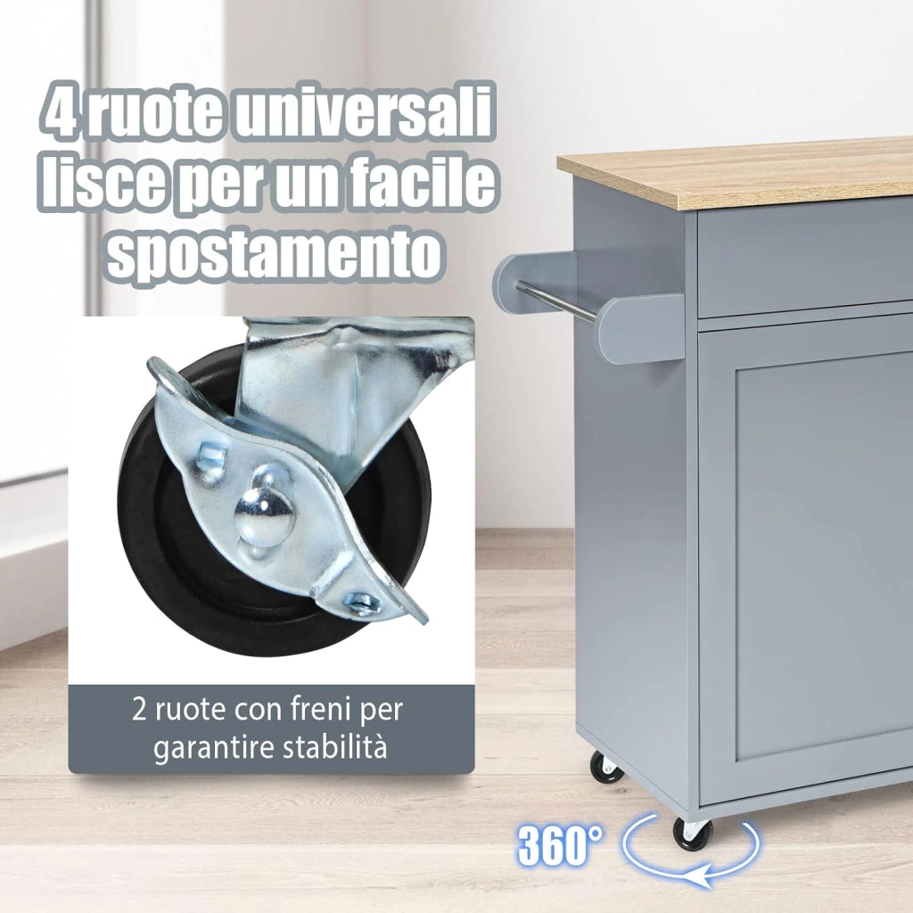 Carrello da Cucina con Ruote di Gomma, Scaffale per Microonde Carrello Servizio, Mobile Cucina con Ripiani e Ante, Credenza Cucina Legno Moderno Elegante, 116 x 37 x 85 cm (Grigio)