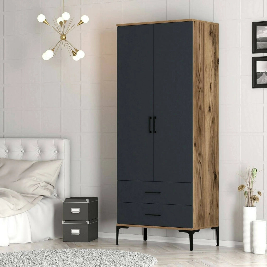 Guardaroba 2 ante Doriana, Mobile camera da letto, Cabina armadio portabiti, Armadio appendiabiti, 80x201h48 cm, Noce e Antracite