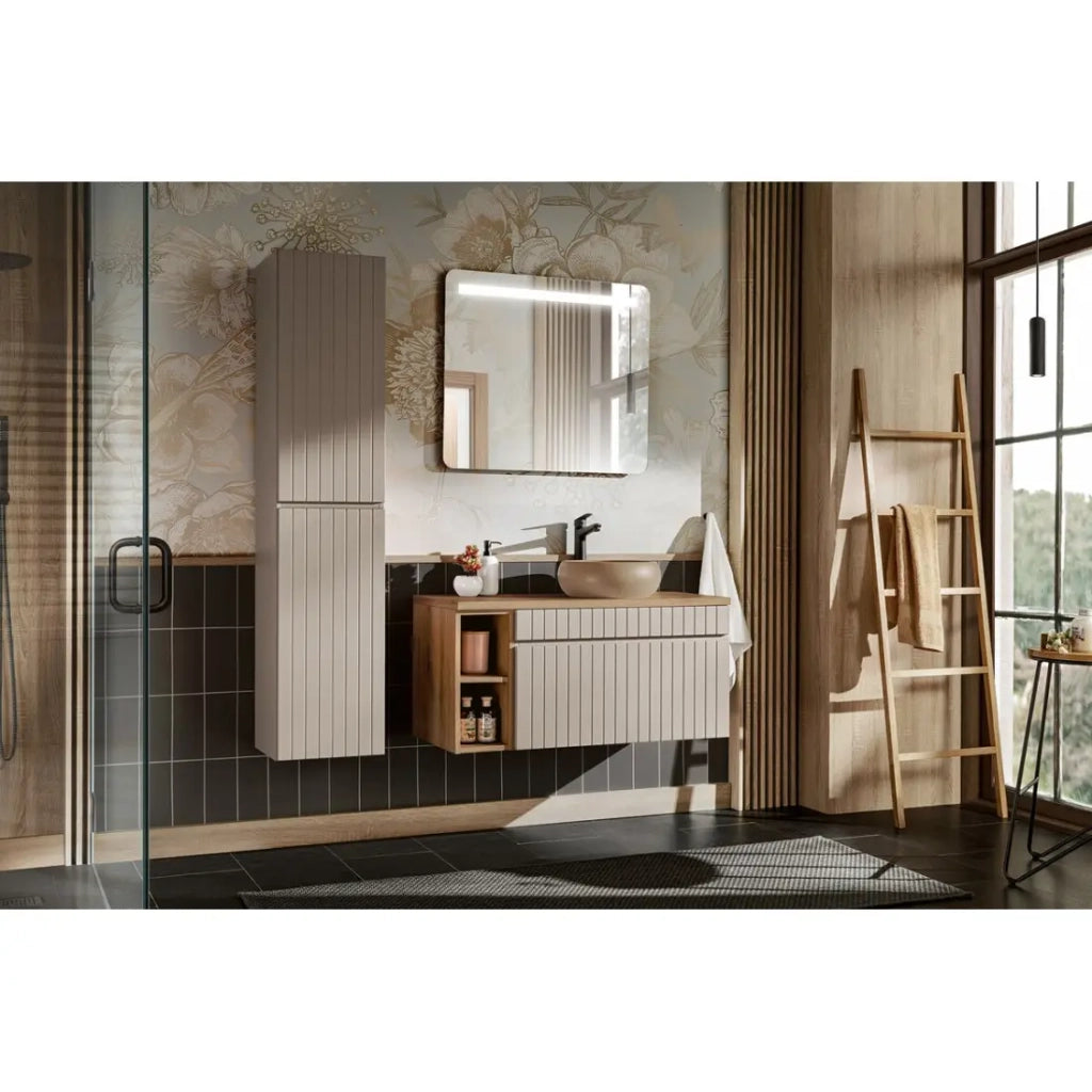 Set ICON: mobile sottolavabo 100cm con nicchie visibili + lavabo rotondo da appoggio + specchio LED + colonna