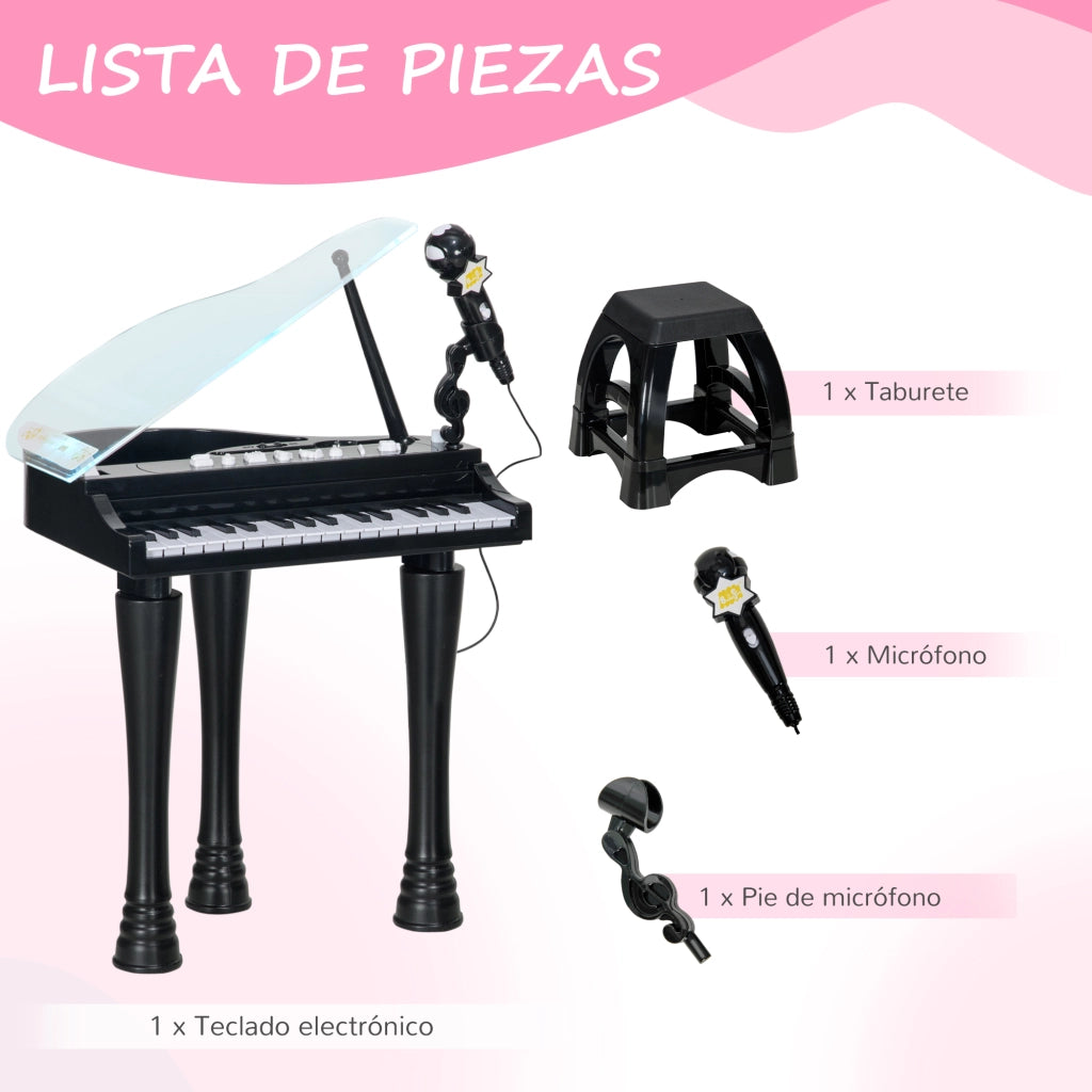 Pianoforte Bambini 32 Tasti con Microfono Sgabello Luci 22 Canzoni ¨C Xylo ¨C Nero 37x30,5x60,4 cm
