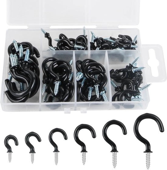 Set di gru per soffitto nero - 75 pezzi - adatto per piante appese - 6 misure - rivestito in vinile
