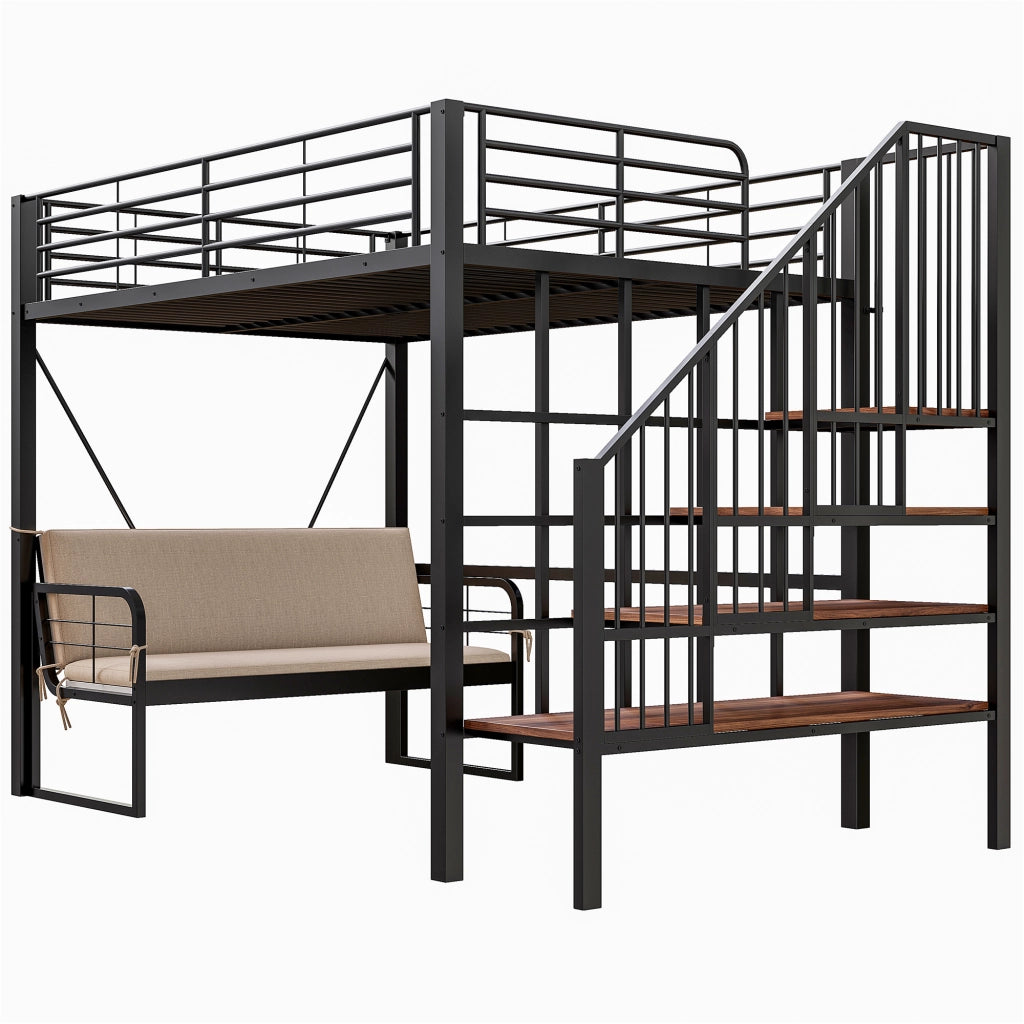 Letto a Castello 140x200 cm - Scala Contenitore; Divano Sfoderabile e Struttura in Metallo - Nero