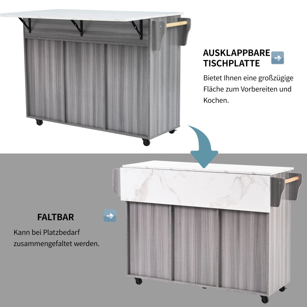 Carrello da cucina con piano ribaltabile 3 cassetti e 3 vani con ripiani regolabili per cucina in MDF grigio
