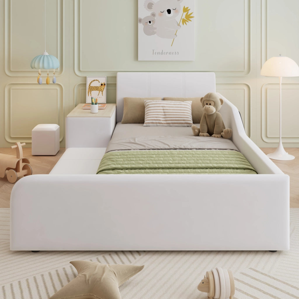 LETTO singolo 90x200 cm in velluto bianco con scrivania e sgabello