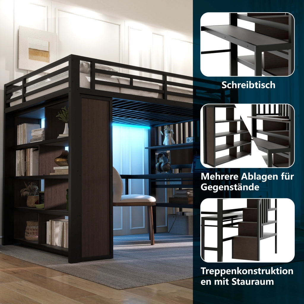 OKWISH Letto a soppalco 140×200 cm, Letto Matrimoniale con Scrivania, Mensole, LED Regolabile e Scale con Contenitore, senza Materasso, Nero