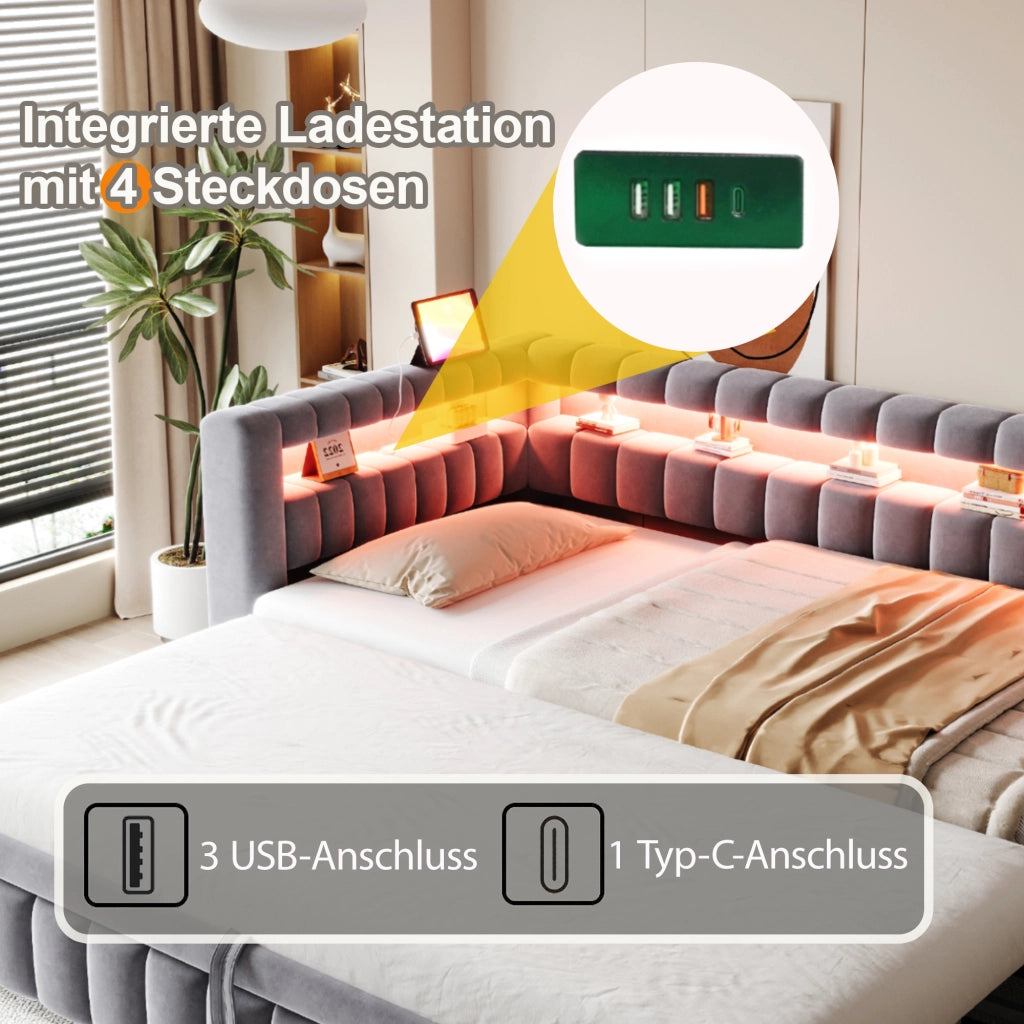 LETTO DIVANO ESTRAIBILE 90x200 cm Velluto Grigio con LED e USB