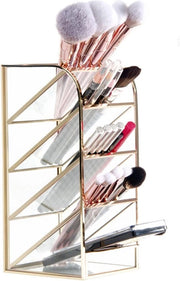 Organizzatore di trucco 5 compartimenti con contenitore per pennelli, matite per labbra, eyeliner (oro)