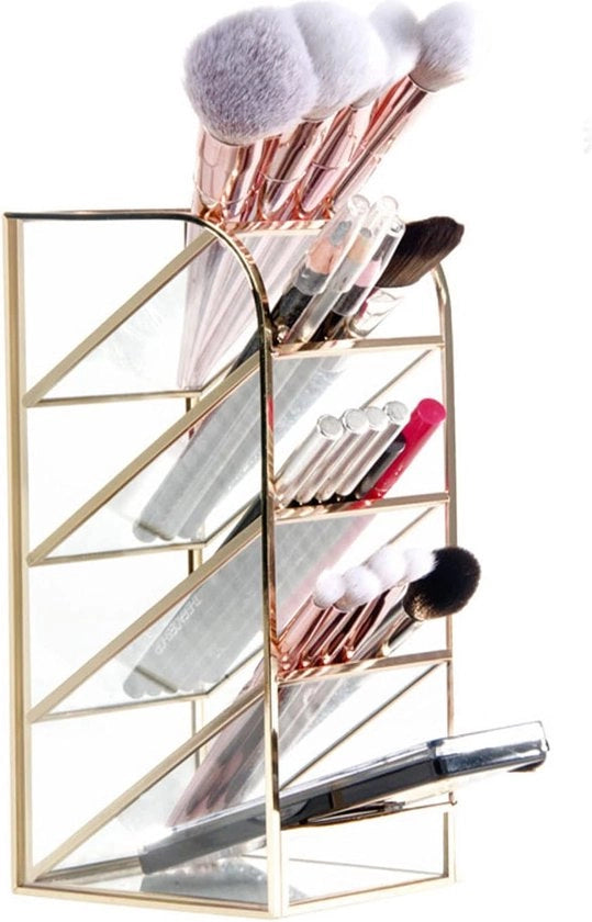Organizzatore di trucco 5 compartimenti con contenitore per pennelli, matite per labbra, eyeliner (oro)