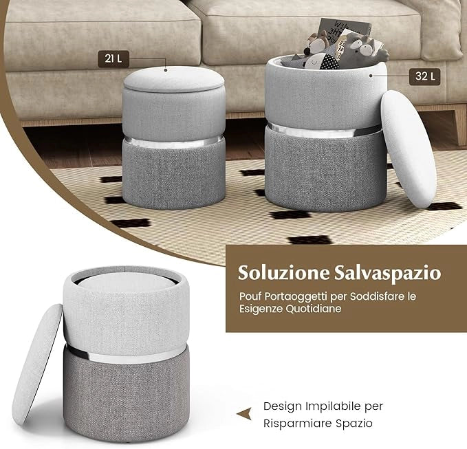 Set di 2 Pouf Contenitore in Velluto, Pouf Rotondi Imbottiti da 32L +21L, Sgabelli con Contenitore per Soggiorno, Camera da Letto, Portata 150 kg (Grigio)