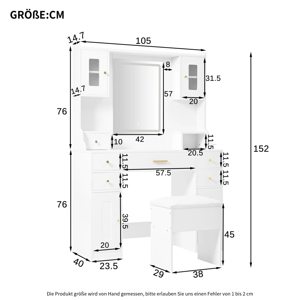 TOELETTA con specchio LED 105x152x40 cm bianco, 6 cassetti e 4 ante
