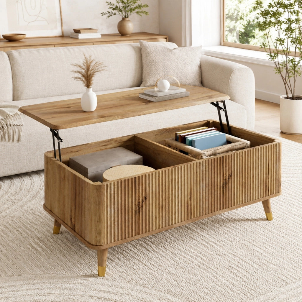 Tavolino da salotto - Tavolino d'appoggio - Altezza regolabile - Piano allungabile - Mobile multifunzione per soggiorno - Vani contenitori nascosti - Colore legno naturale