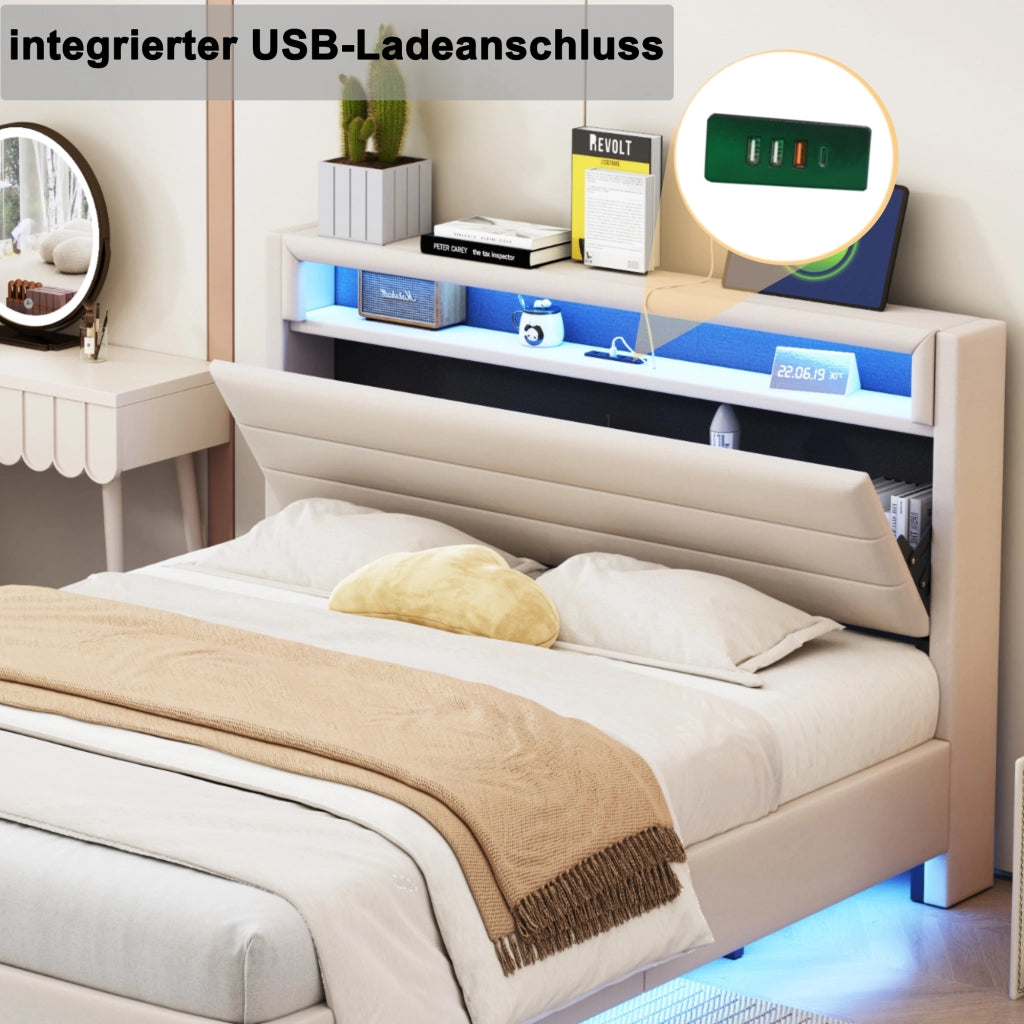 DESMIU Letto matrimoniale 160 × 200 cm con USB, LED regolabile, testiera reversibile e vano, senza materasso, beige