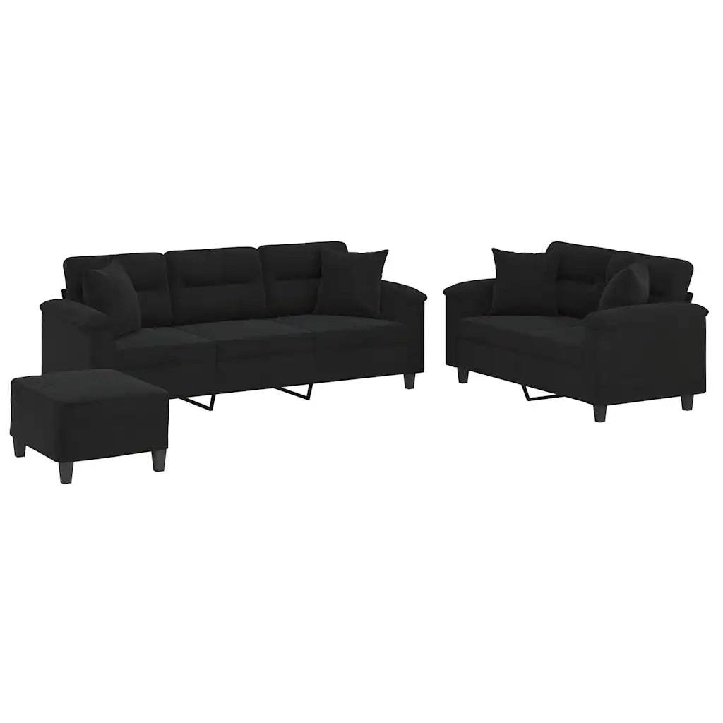 Set Divani 3 pz con Cuscini Nero in Tessuto Microfibra