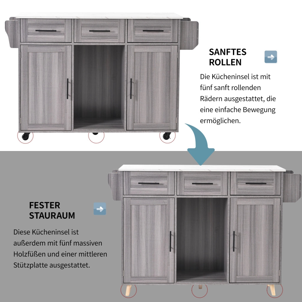 Carrello da cucina con piano ribaltabile 3 cassetti e 3 vani con ripiani regolabili per cucina in MDF grigio