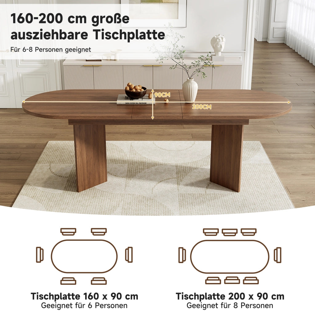 Tavolo da pranzo allungabile con piano spesso e angoli arrotondati per 6-8 persone in sala da pranzo; noce; 200×90×75 cm