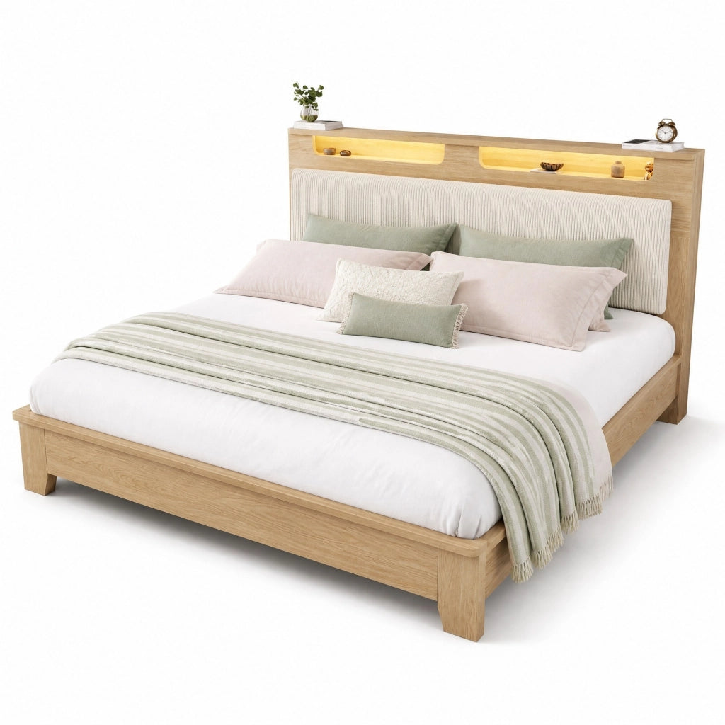 Letto matrimoniale 140x200 cm con testiera contenitore; LED e rivestimento in corduroy beige; effetto rovere chiaro