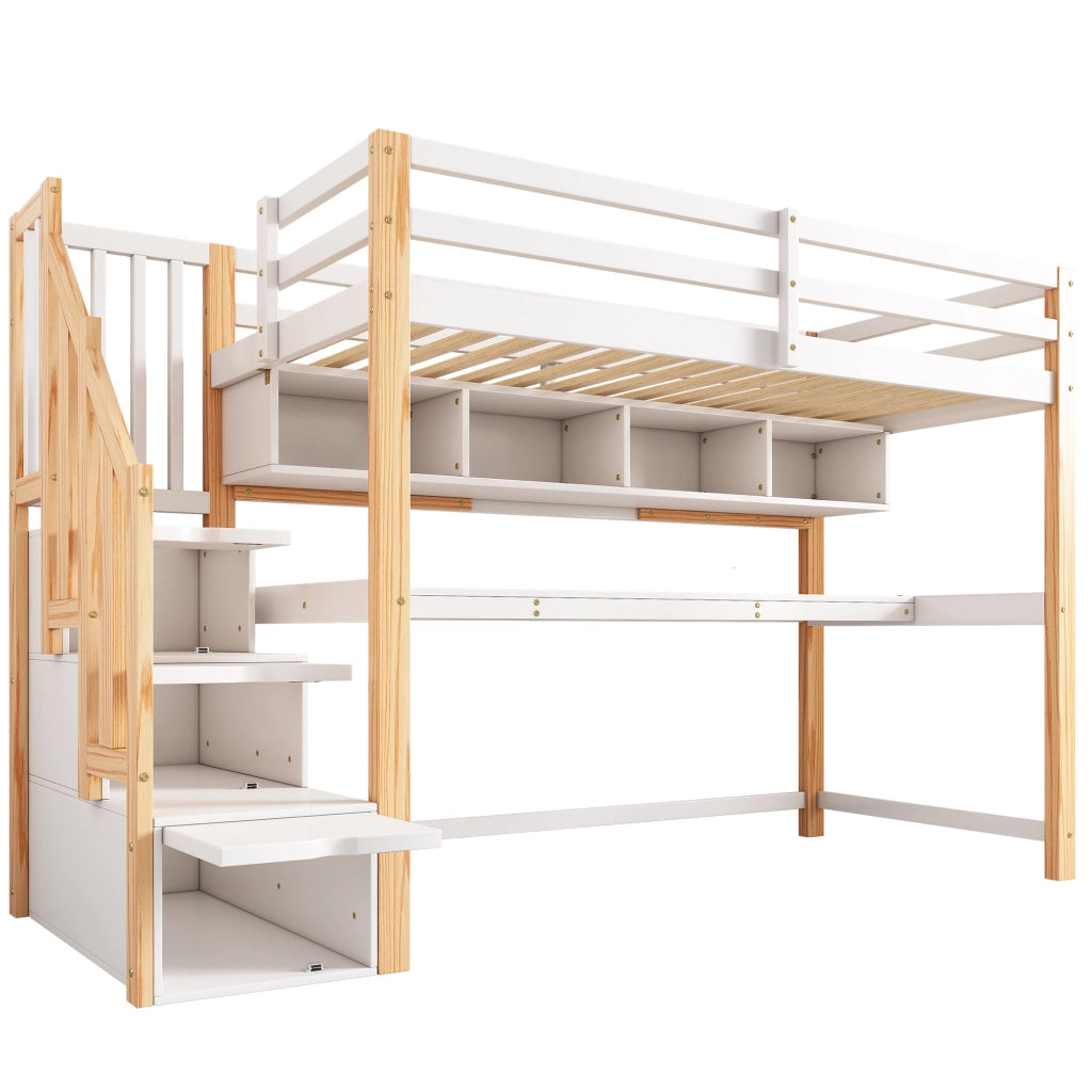 LETTO A SOPPALCO per bambini 90x200 cm con scrivania e scala contenitore bianco e rovere