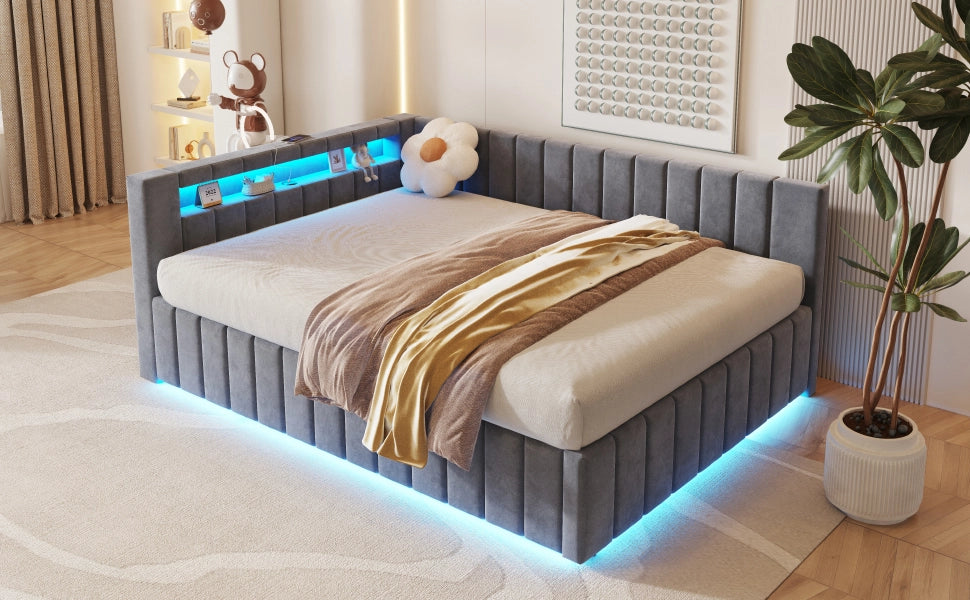 LETTO Contenitore 140x200 cm in velluto grigio con LED e USB