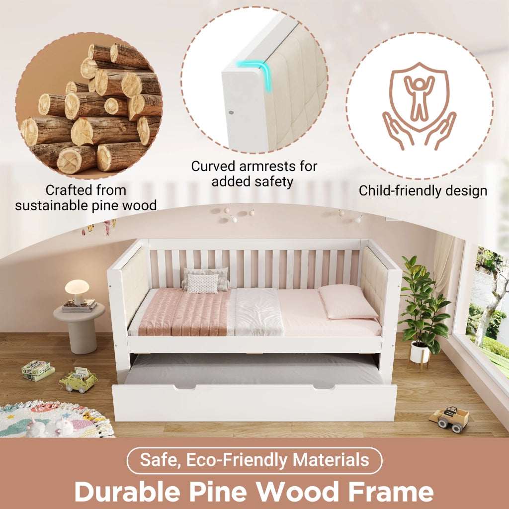 DESMIU Divano letto 90 × 200 cm e 90 × 190 cm 1 posto con letto estraibile, senza materasso, in legno, bianco