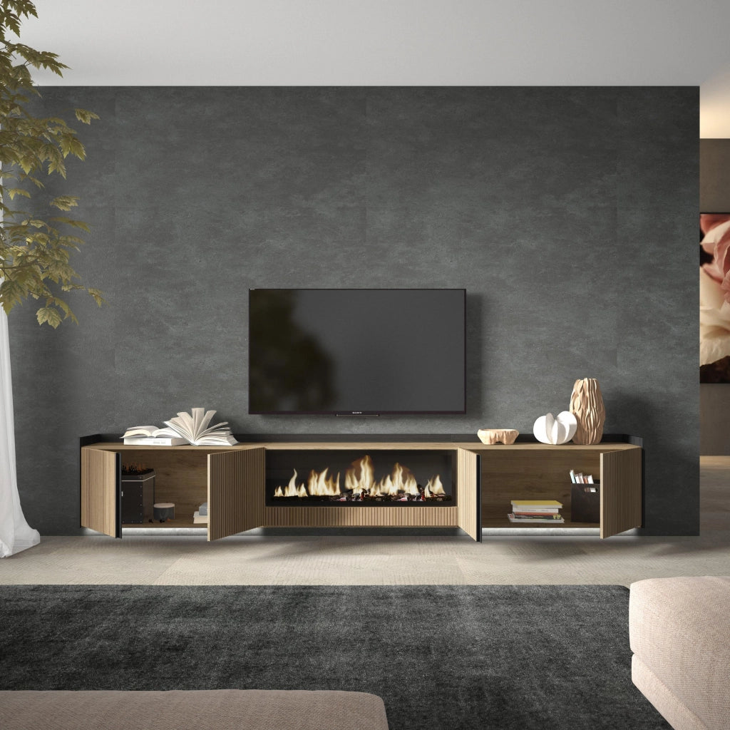 Mobile TV Soggiorno, 315x50x35 cm, Per TV fino a 80", Camino elettrico XXL, Sospeso, da appendere, Led, Rovere e nero