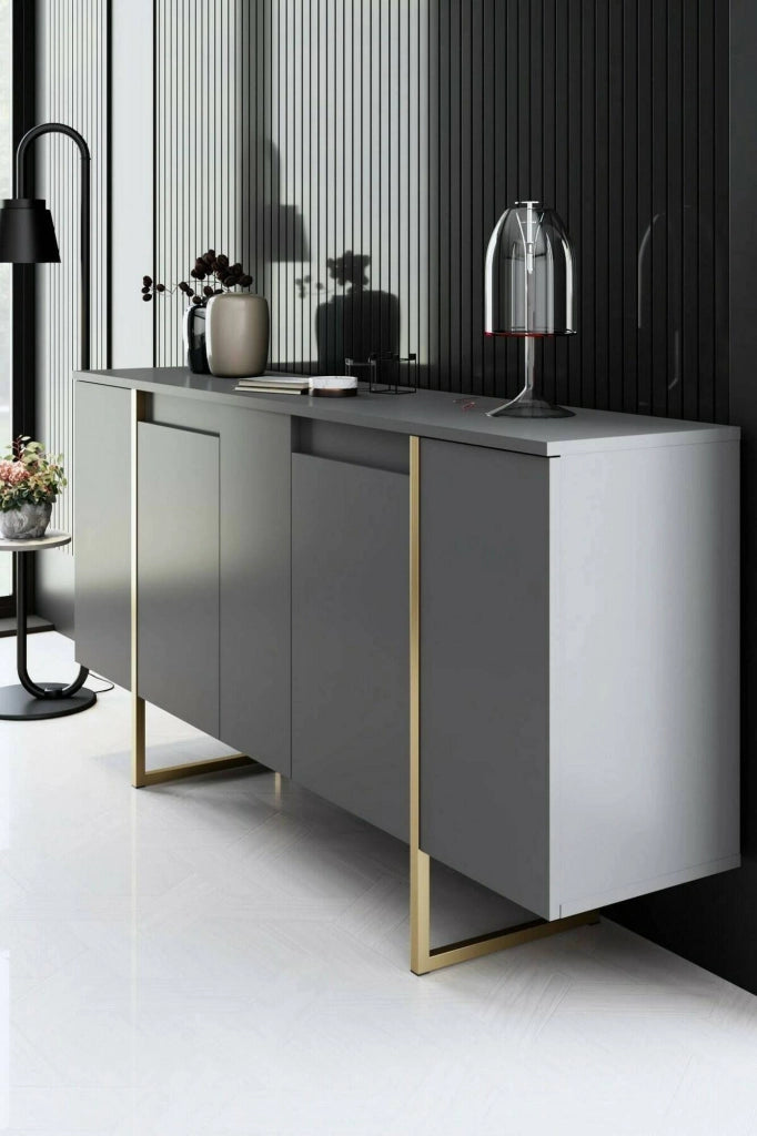Credenza Arta, Buffet da soggiorno, Madia da salotto, Dispensa da cucina, 160x35h80 cm, Antracite e Oro