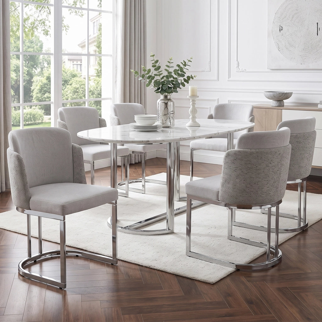 Sedia da Pranzo Set da 2 con Schienale Doppio e Gambe in Metallo Galvanizzato, in Ciniglia Grigio + Argento