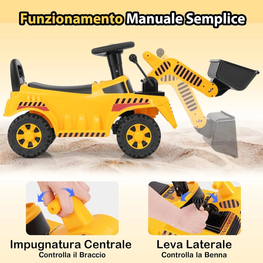 Bulldozer a Spinta per Bambini, Giocattolo Escavatore con Benna Regolabile Suono e Spazio di Stoccaggio, Blocco Antiribaltamento, Veicolo da Costruzione per Bambini 19-36 Mesi