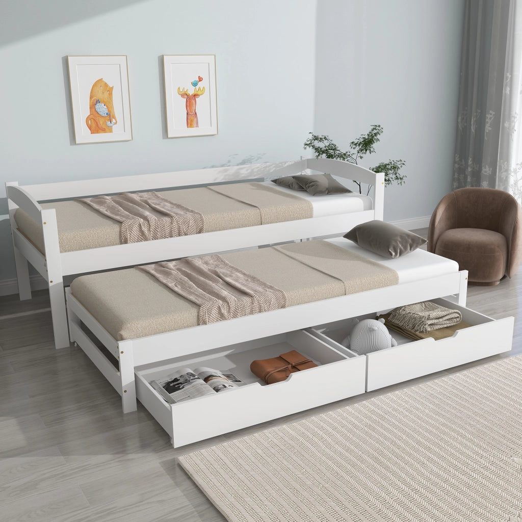 Letto a scomparsa con ruote - Zephmum- 2 cassetti MDF, telaio in legno massello, bianco (200x90/190x90cm)