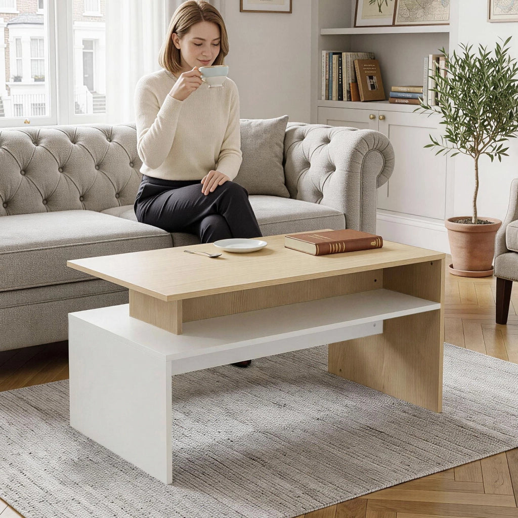 Tavolino da Salotto Bicolore con Mensola Asimmetrica ¨C zephmum ¨C Legno Naturale e Bianco 95x55x50 cm