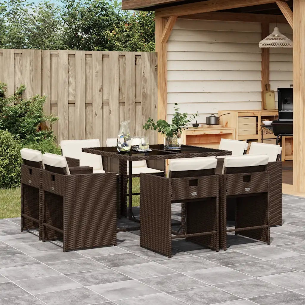 Set da Pranzo da Giardino 9pz con Cuscini Marrone in Polyrattan 3211197