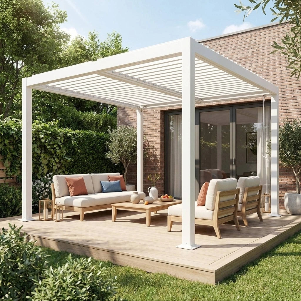 Pergola bioclimatica 3x3m in alluminio e acciaio, lamelle orientabili,