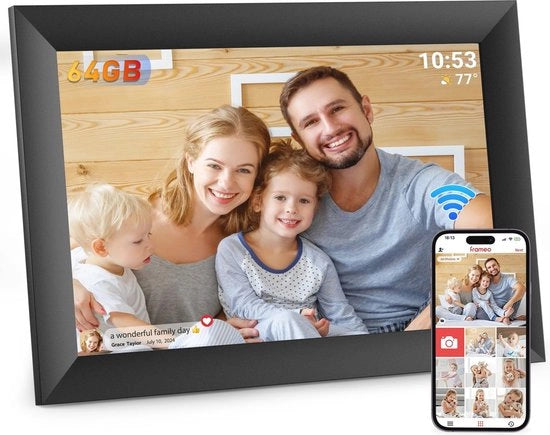 Display Digitale Fotolijst 10,1 Pollici con WiFi e 64 GB, 1280 x 800 IPS LCD, Rotazione Automatica e Audio, Condivisione Facile di Foto e Video