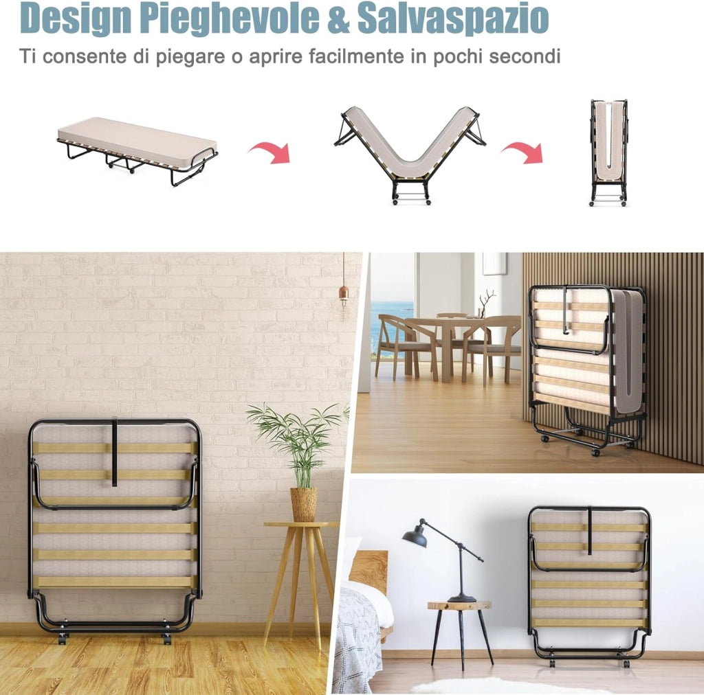 Brandina Pieghevole con Materasso, in Memory Foam, Struttura Resistente e 4 Ruote Girevoli, Lettino Pieghevole per Casa Ufficio, 190x80x33 cm (Beige)