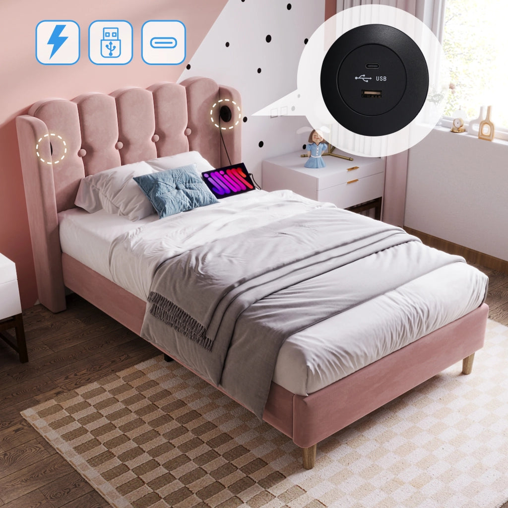 LETTO singolo 90x200 cm in velluto rosa con USB e Type-C