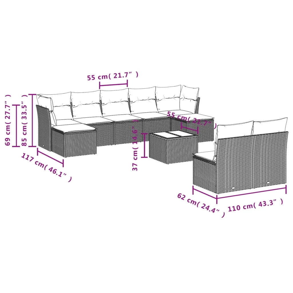 Set Divani da Giardino 10pz con Cuscini in Polyrattan Nero 3250114