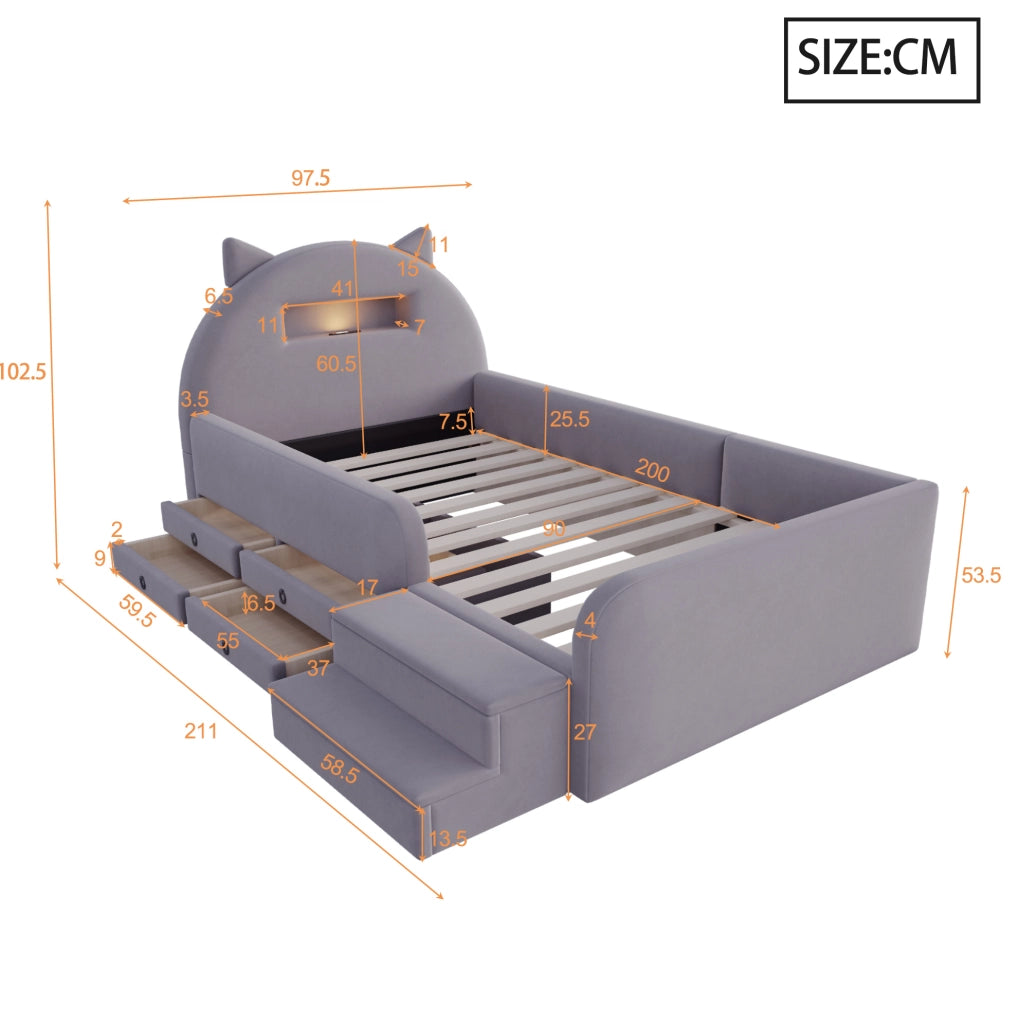 Letto per bambini imbottito 90x200 cm con contenitore, luce notturna USB e cassetti