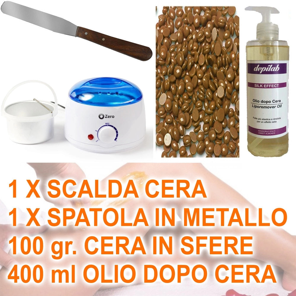 Trade Shop - Kit Depilazione Brasiliana Scalda Cera Spatola Olio Sfere Perle Ceretta Indolore -