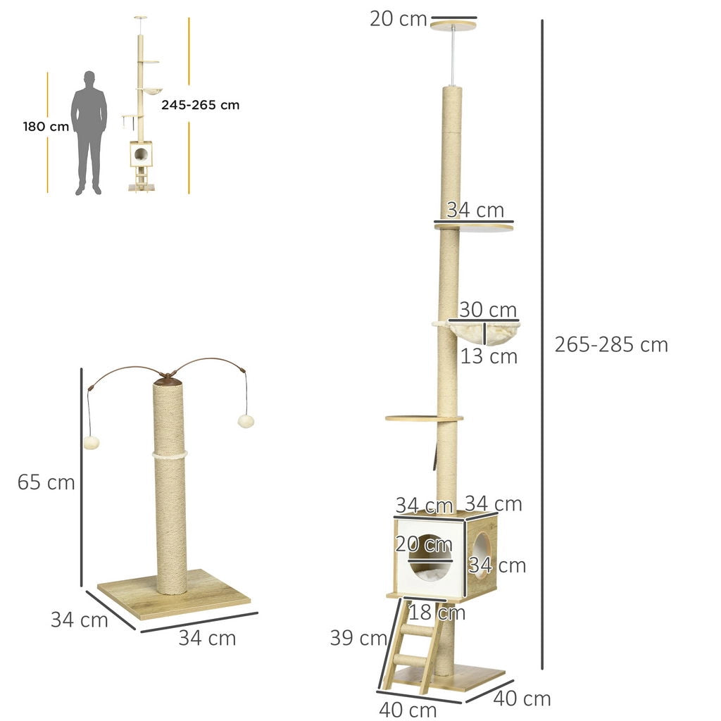 ALBERO PER GATTI IN TRUCIOLATO AD ALTEZZA REGOLABILE CON TIRAGRAFFI, CASETTA, AMACA E PALLINA, 40X40X225-285 CM