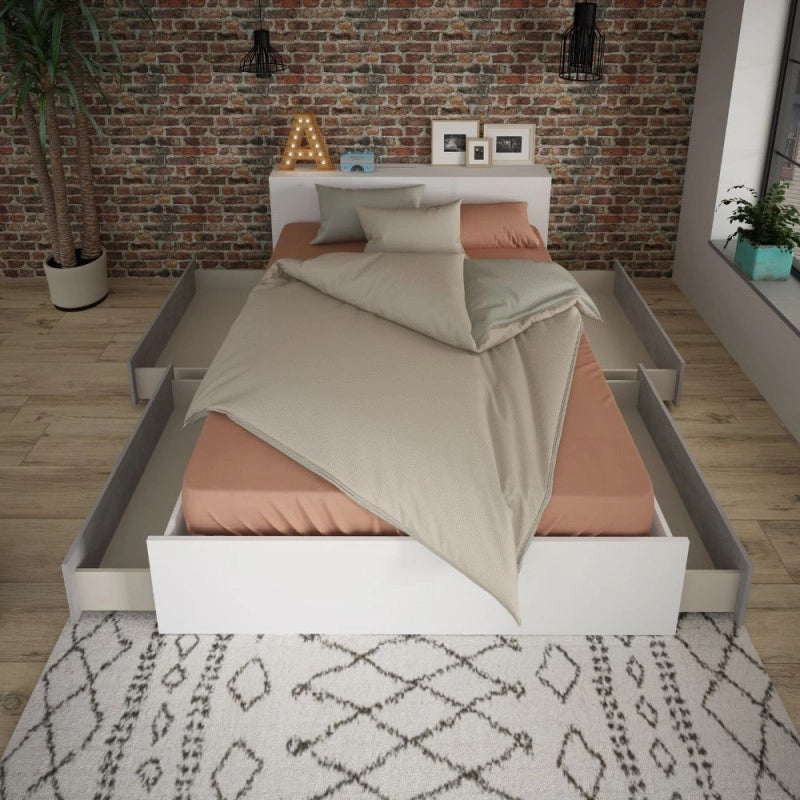Letto contenitore 1566 alla francese con 4 cassettoni e comodini estraibili colore bianco e cemento
