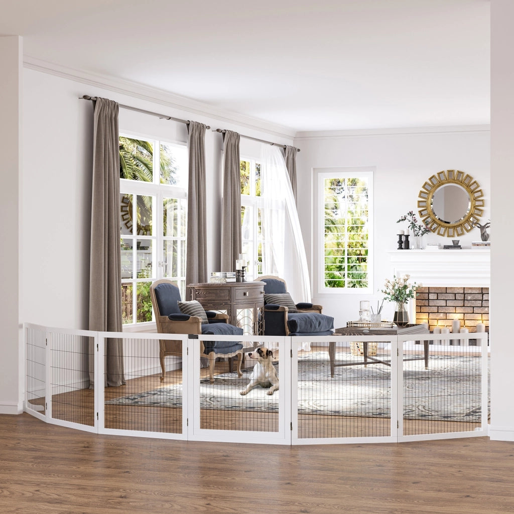 Recinto per Cani Pieghevole a 6 Pannelli ¨C Xylo ¨C Legno e Acciaio, 432x36x70 cm, Bianco