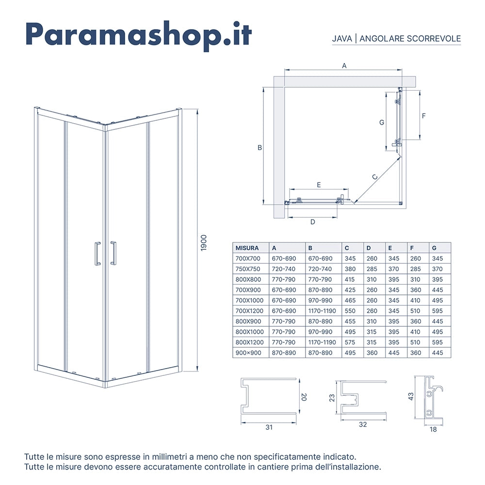 Box doccia 70x70 cm angolare doppio scorrevole profili neri vetro trasparente | Java