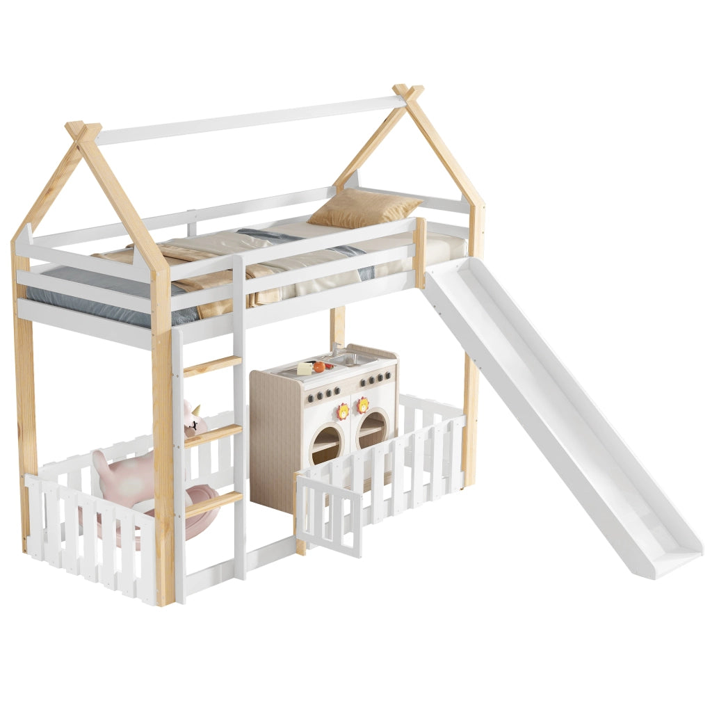 Letto a castello bambino 90×200 cm con scivolo; tetto e spazio libero; senza materasso; bianco naturale