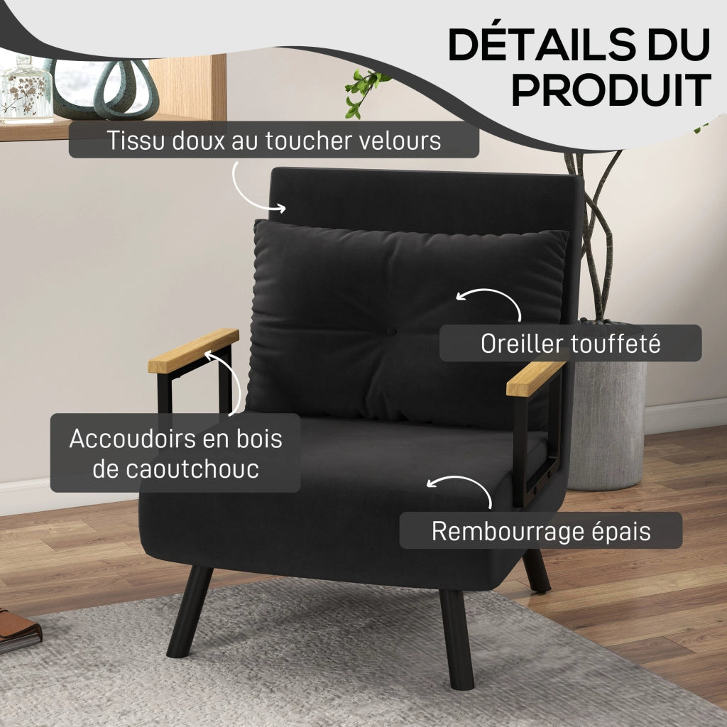 Divano letto singolo imbottito ¨C zephmum ¨C nero, velluto, legno
