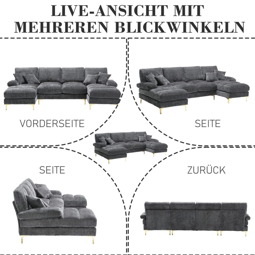 Divano angolare a U con doppia chaise longue 272x136x88 cm in chenille grigio