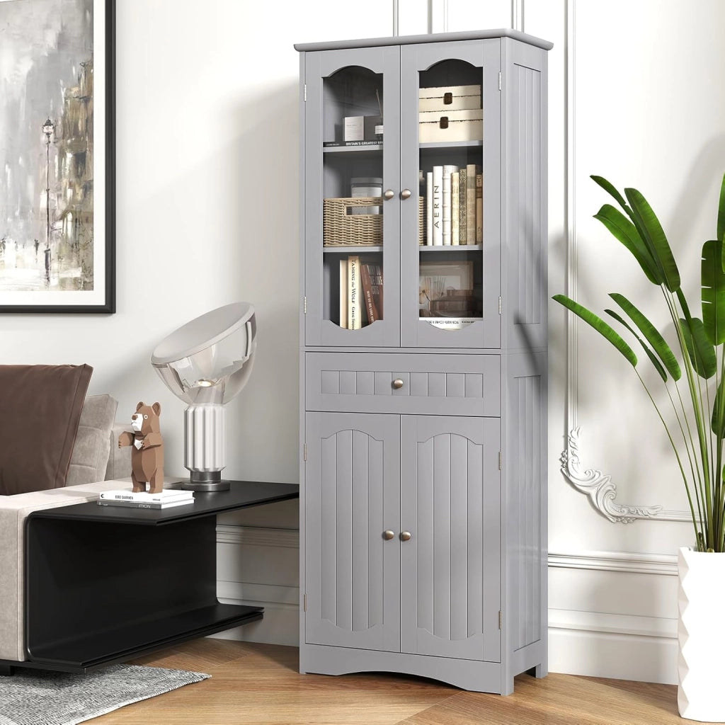 Armadietto Salvaspazio 60 x 30 x 160cm, Mobile Bagno con 2 Ripiani Regolabili, Cassetto e 2 Porte in Vetro Temprato, Armadio da Bagno per Ufficio, Soggiorno e Camera da Letto, Bianco (Grigio)