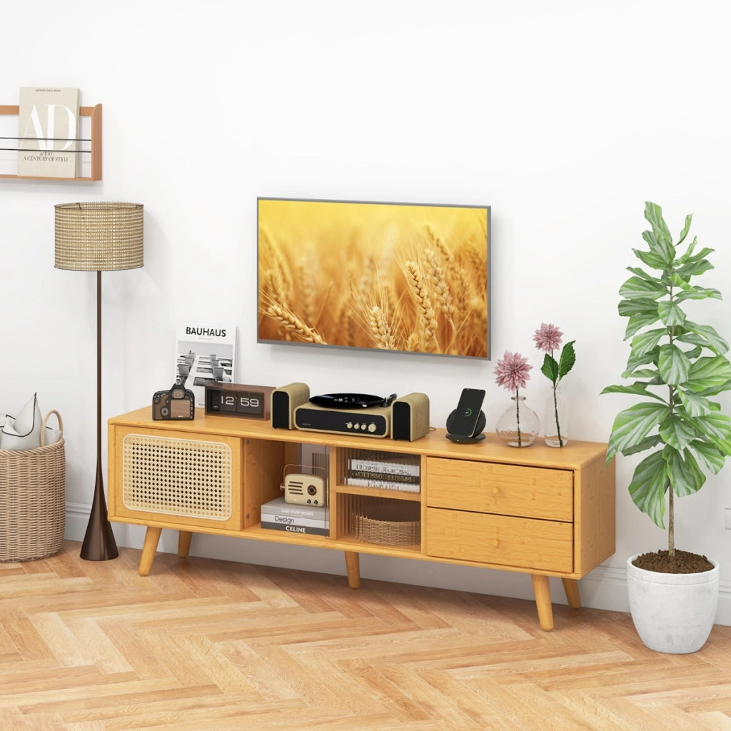 Mobile in Bamb¨´ per TV fino a 65 Pollici con porte in vetro e rattan, Tavolino per TV con 2 cassetti Naturale