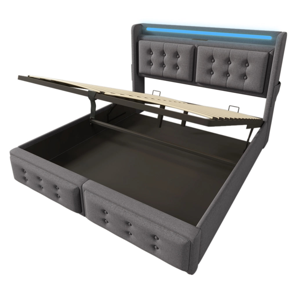 Letto Matrimoniale 180x200 Grigio con Contenitore Idraulico; LED; USB Type-C e 2 Prese