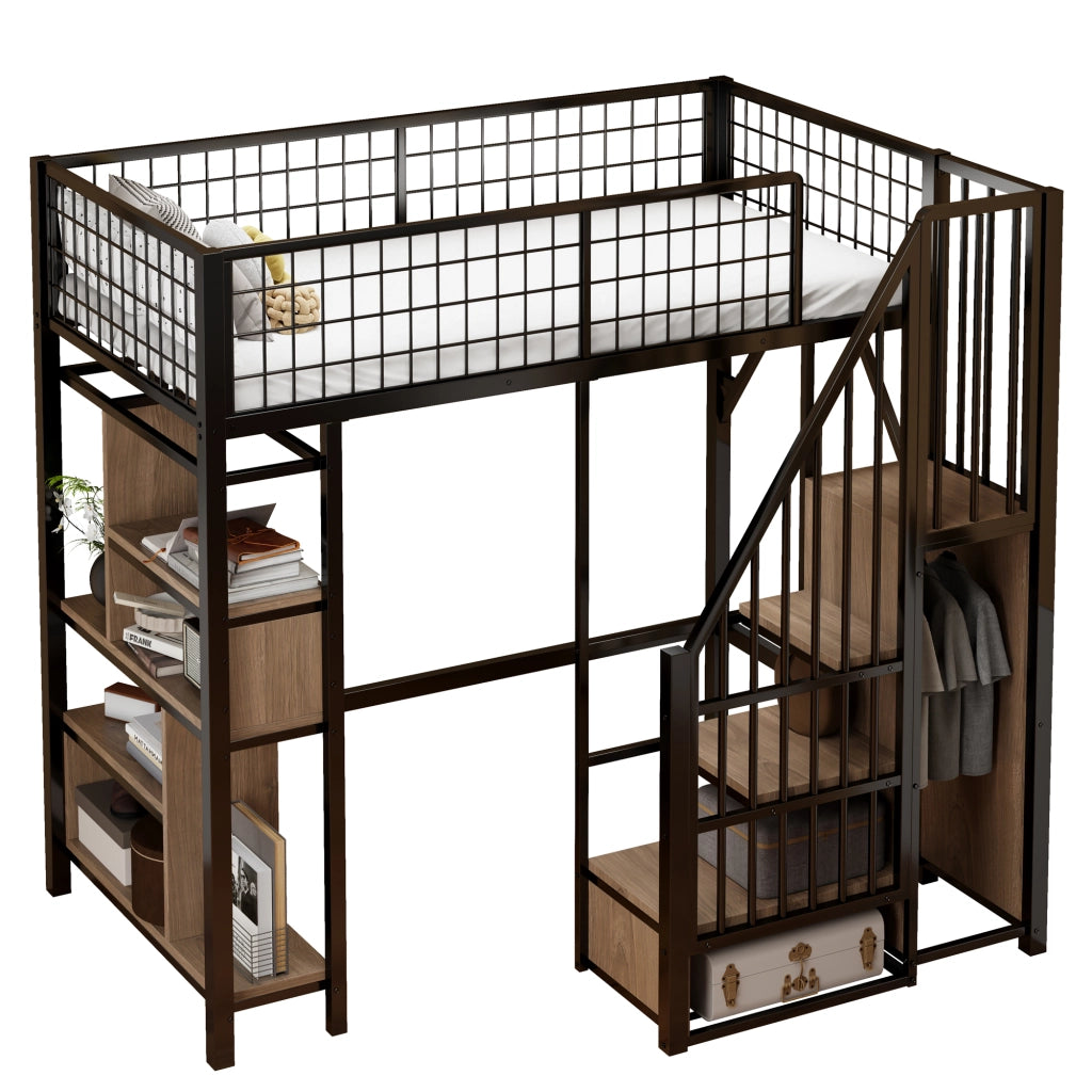 Letto a soppalco 90 × 200 cm 1 posto con scala contenitore e spazio sottoletto; senza materasso; in metallo nero