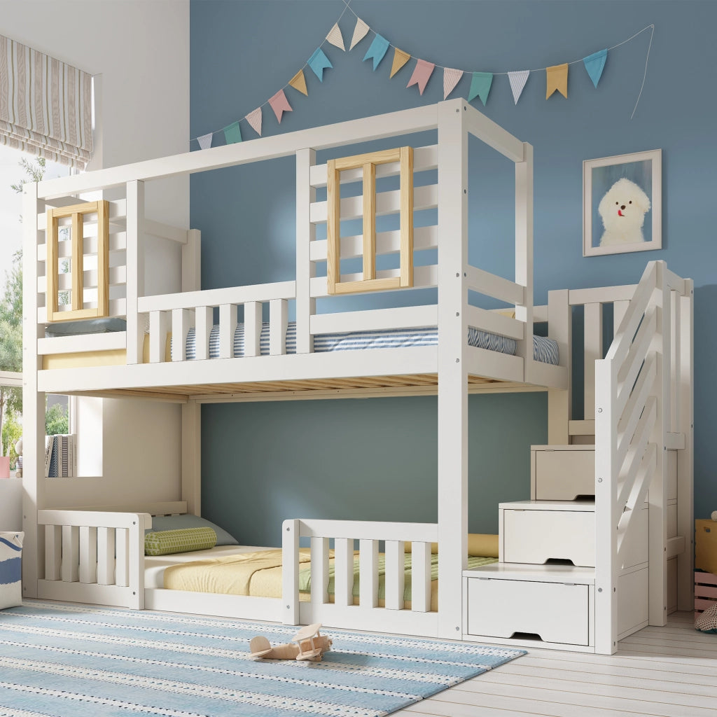 DESMIU Letto a castello per bambini 90 × 200 cm con scala-armadio, finestre in legno e senza materasso