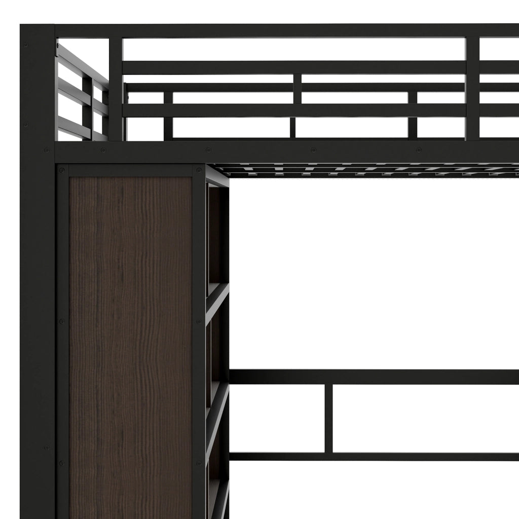 OKWISH Letto a soppalco 140×200 cm, Letto Matrimoniale con Scrivania, Mensole, LED Regolabile e Scale con Contenitore, senza Materasso, Nero